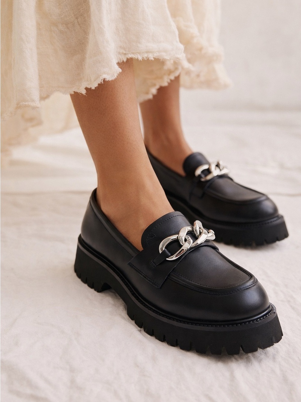 Tony Bianco REVOLVE Georgi Loafer in Black Como Leather Academia Lug Sole Chain